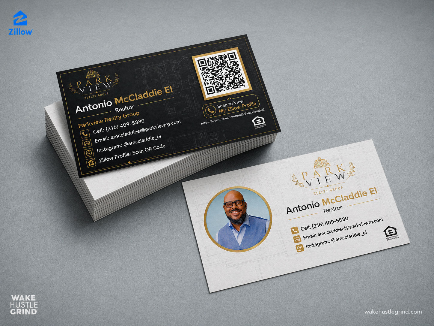 Luxury 14pt business cards designed by Wake Hustle Grind for Realtor Antonio McCladdie El of Parkview Realty Group
