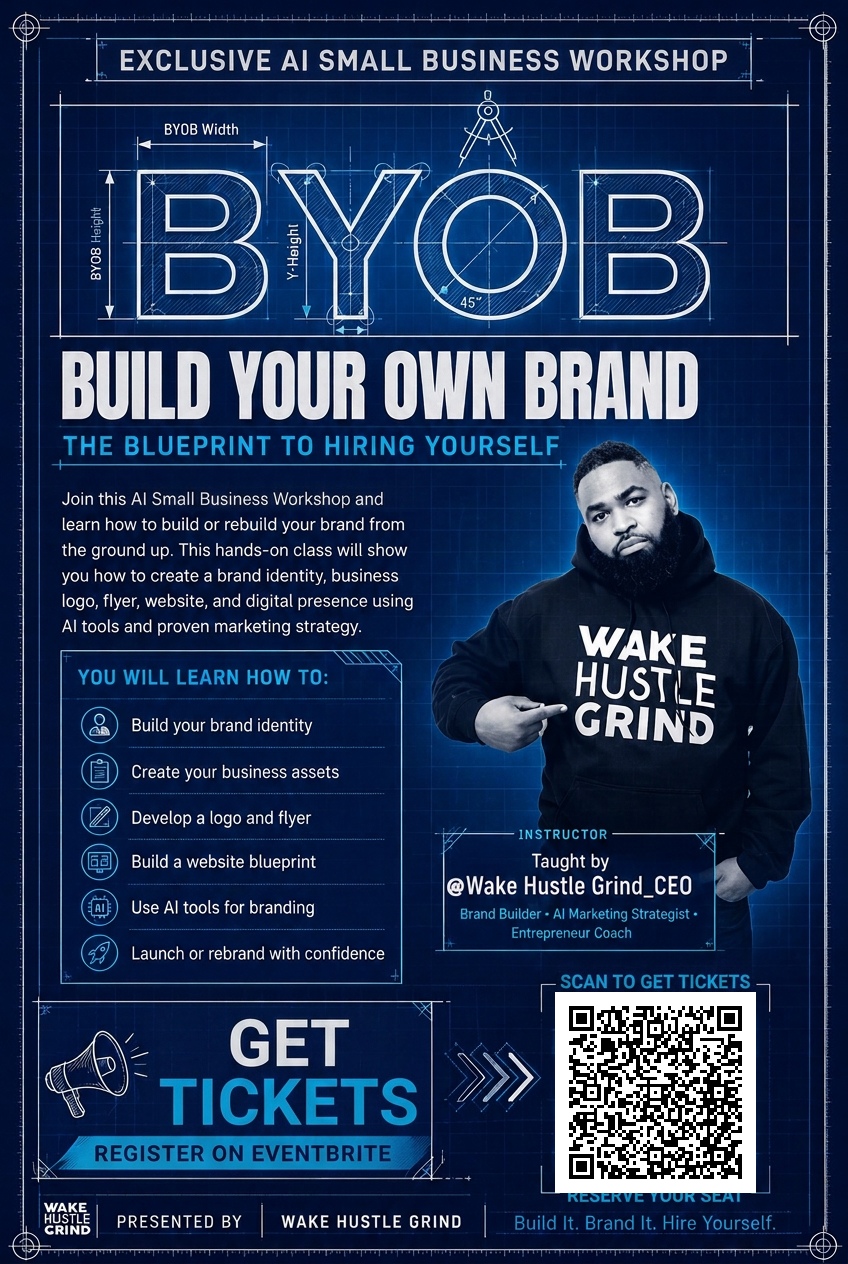 BYOB Build Your Own Brand exclusive AI small business workshop flyer with Eventbrite QR code