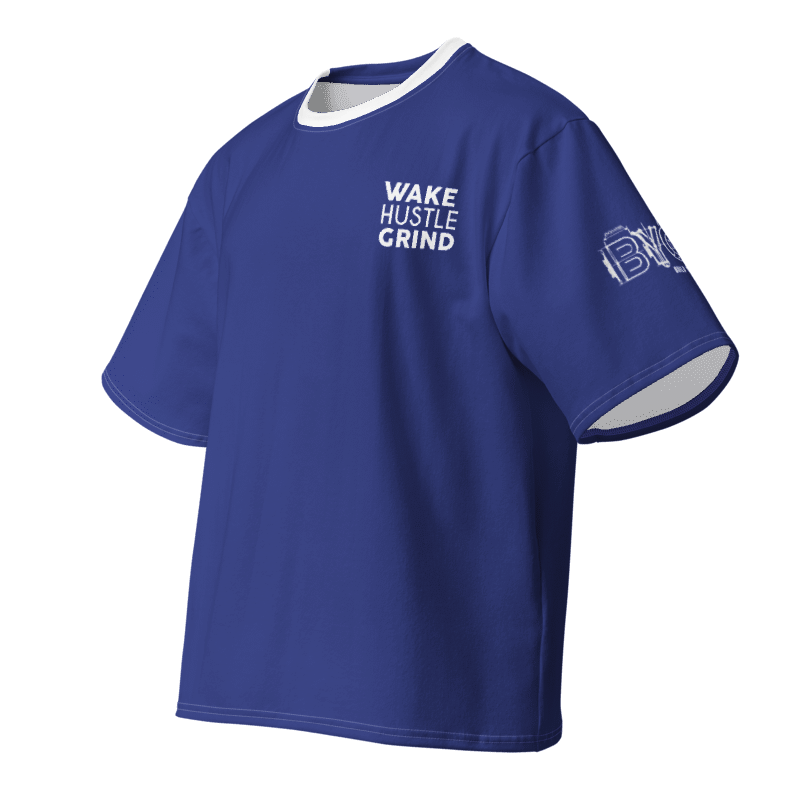 Front of the royal blue Wake Hustle Grind BYOB oversized tee