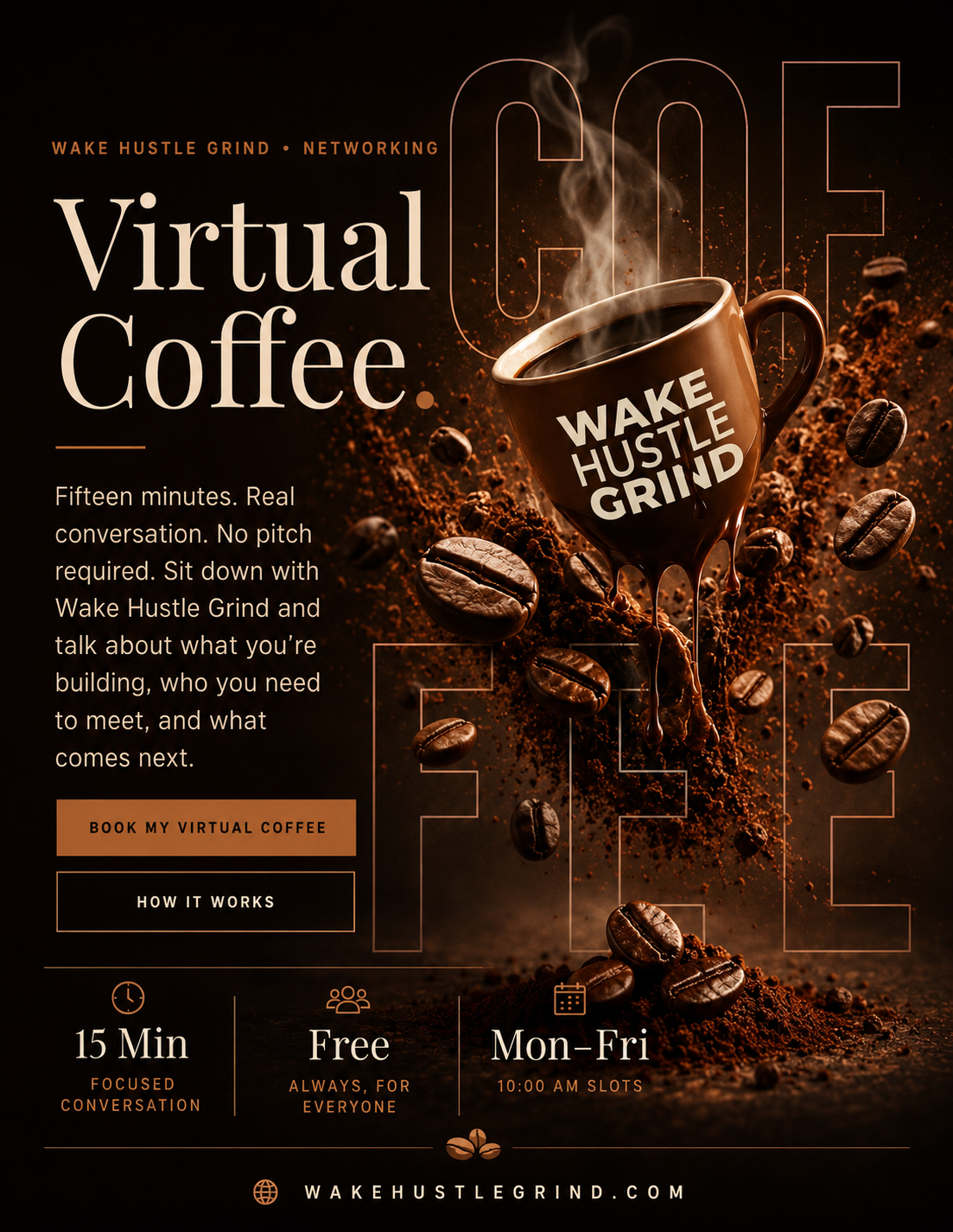 Virtual Coffee with Wake Hustle Grind flyer — 15 minute free conversation, Monday through Friday at 10:00 AM