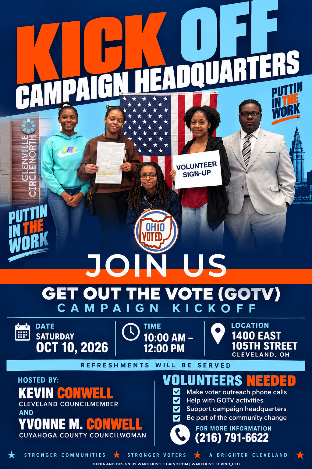 Kick Off Campaign Headquarters flyer: Get Out the Vote campaign kickoff, Saturday October 10, 2026, 10 AM to 12 PM, 1400 East 105th Street, Cleveland. Hosted by Kevin Conwell and Yvonne M. Conwell. Volunteers needed. Call (216) 791-6622.