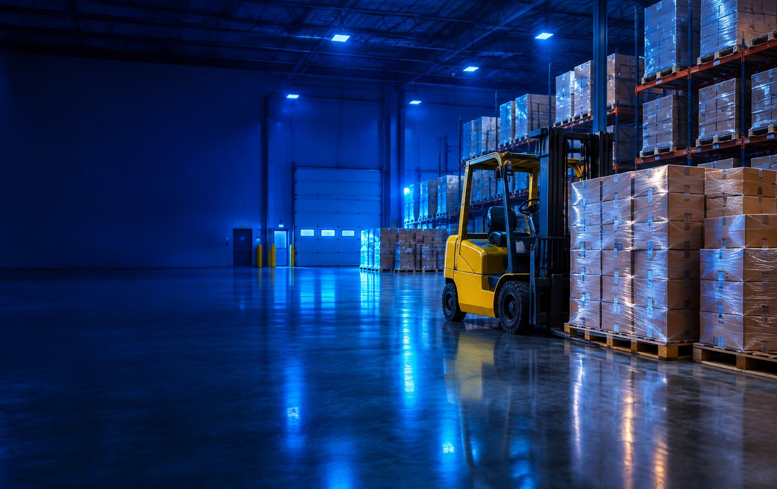 Forklift beside liquidation pallets in a warehouse